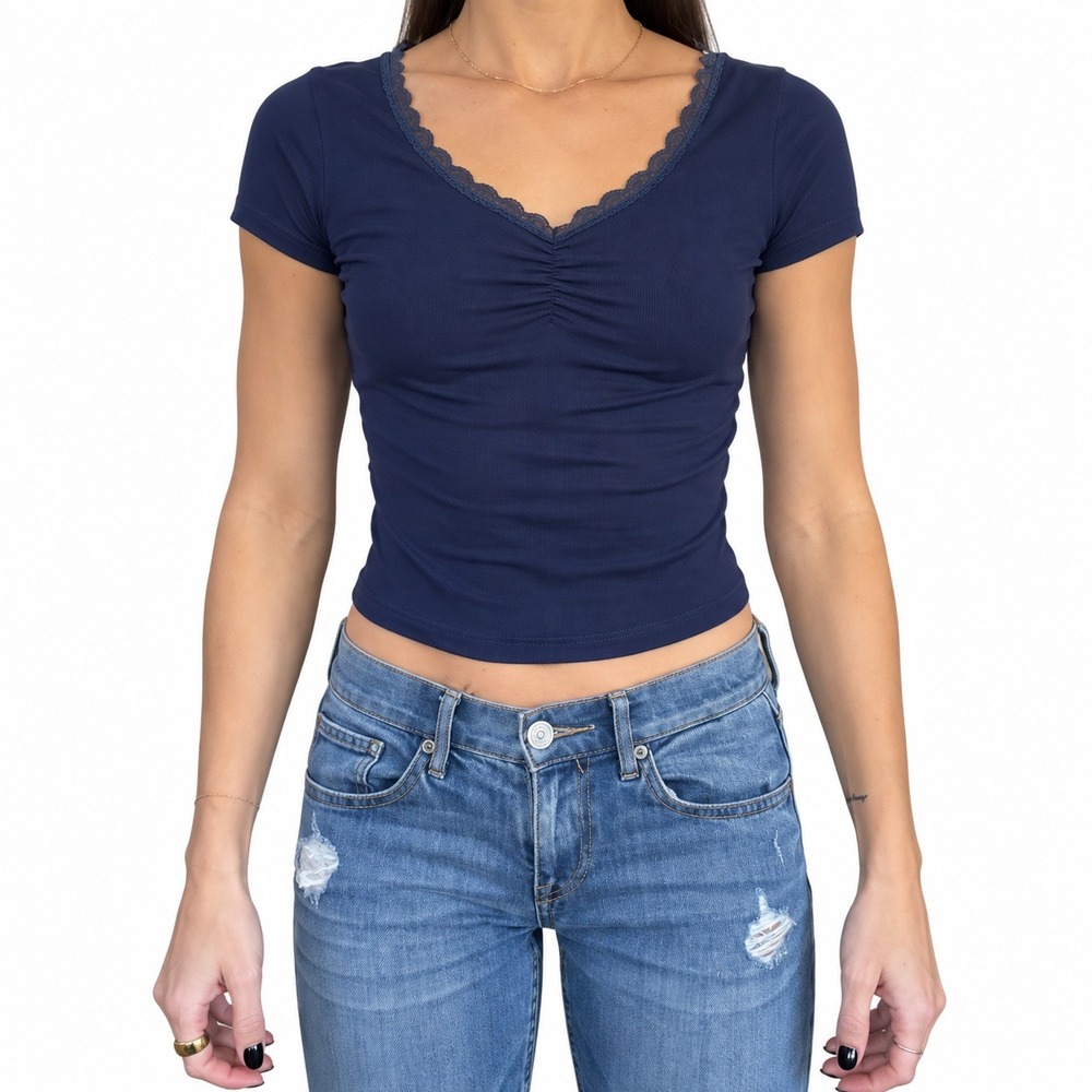 Navy Blue Ribbed Lace Trim V-Neck Ruched Short Sleeve Top Size Small